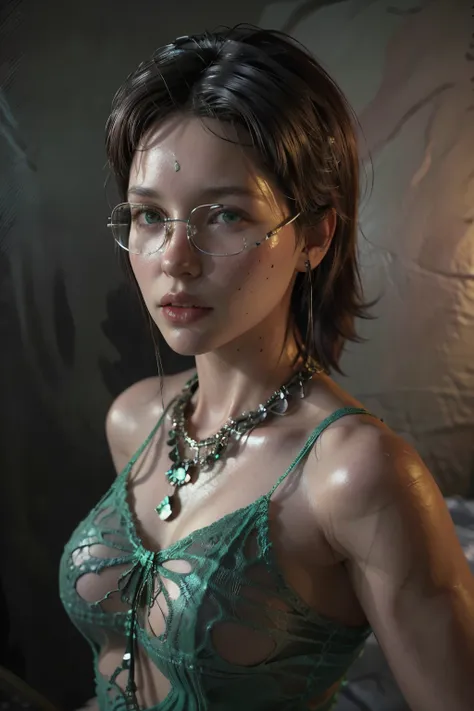 hot girl, wine-colored hair, green eyes, metal frame glasses, nurse 15 years. ((elegance. gradient. photorealism. unreal engine....