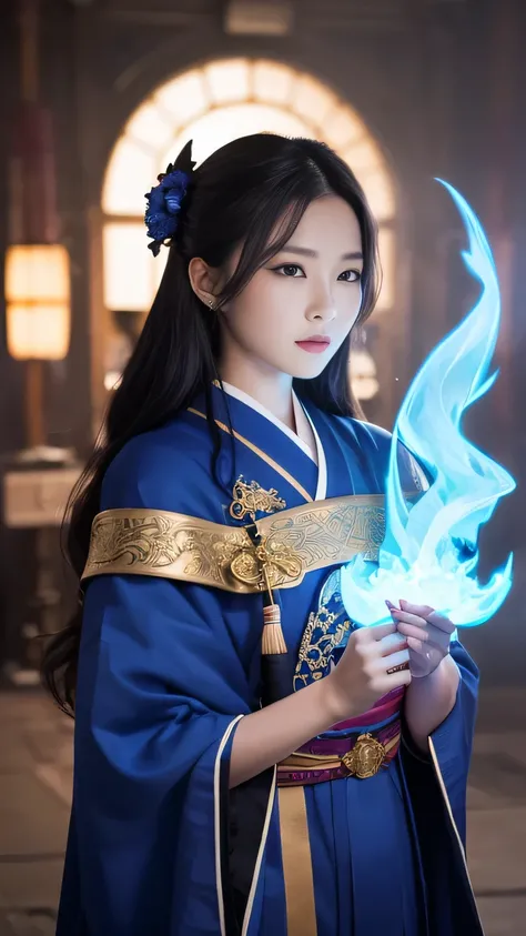 Girl, He carries a white cane decorated with the Japanese symbol for life., Blue flames coming out of the decoration, A dragon came out of it、A blue wind blows with a skull ghost, Perfect Judy with a face and scythe，The woman is wearing the appropriate out...