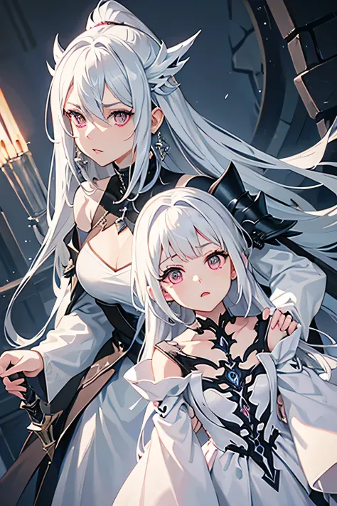 Beauty、Silver Hair/Silver Hair, Pink eyes, Open your mouth a little, Overlooking, Anatomically correct, look up, Cropped, Droopy eyes, whole body、Long Hair, Gaze, Crystal Earrings, Solemn, Digital Art, Beautiful white and gold heavy armor with a black dres...