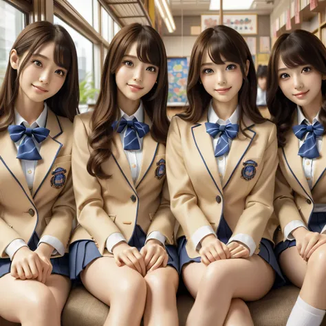 (best quality, masterpiece:1.5), (ultra-detailed, realistic:1.37),4K,(4woman:1.5),japanese,cute,beautiful,(school uniform:1.2),(miniskirt),high sockssmile,curly hair