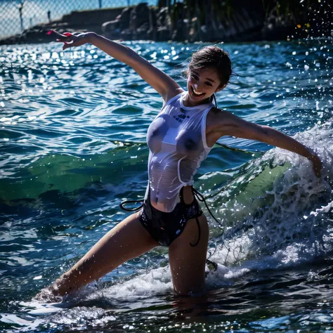 (ZoomedOut:1.28, Wide-shot) ZoomLayer (Epic photo of surfer magazine:1.37). (Full of Water, Everything Wetted:1.4) WetHair (extremely detailed Cute Girl in RED)(SparklingHighlights:1.28), Dynamic Joyful Expressions LifeLike Rendering (ManoErina:1.0) . Over...