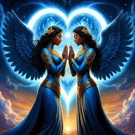 Blue two angels in the sky with a heart in their hands, some cosmic angels, beautiful gemini good and evil, twin souls, in the astral plane ) ) ), symmetrical epic fantasy art, infinite angelic wings, spiritual imagination of duality, ethereal aurora spiri...