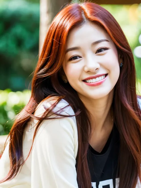 arafed woman with red hair and a black shirt smiling, jossi of blackpink, roseanne park of blackpink, jaeyeon nam, kim doyoung, portrait of jossi of blackpink, heonhwa choe, lee ji-eun, lee ji - eun, park ji-min, korean girl, korean idol, wan adorable kore...