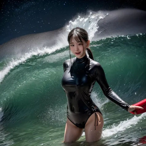 (ZoomedOut:1.28, Wide-shot) ZoomLayer (Epic photo of surfer magazine:1.37). (Full of Water, Everything Wetted:1.4) WetHair (extremely detailed Cute Girl in RED)(SparklingHighlights:1.28), Dynamic Joyful Expressions LifeLike Rendering (ManoErina:1.0) . Over...