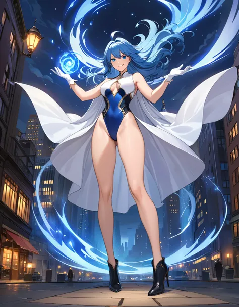 (masterpiece), (best quality), (high res), (solo, solo focus), 1lady, mature lady, magic, sorcerer, white and blue leotard, bare legs, blue hair, long hair, ahoge, blue eyes, beautiful detailed eyes, beautiful detailed face, perfect hands, complete fingers...