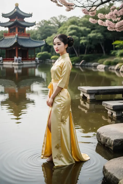 ((best quality)), ((masterpiece)), (detailed), Second Dimension，Young woman with a graceful figure，Oval face，Hanging bun hairstyle，Lotus Pond Pavilion，Wearing simple golden Hanfu，Summer background，HD full body，Ultra HD resolution，Chinese style，