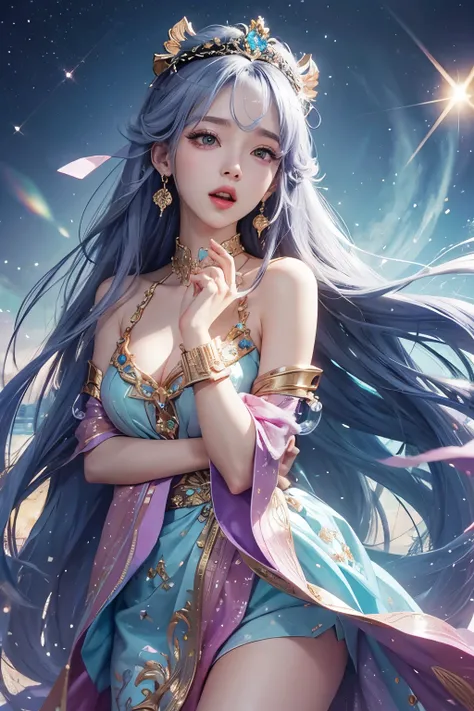 goddess　Long Hair, Crystal Earrings, Open your mouth, Sparkle Effect, Anime Style, 