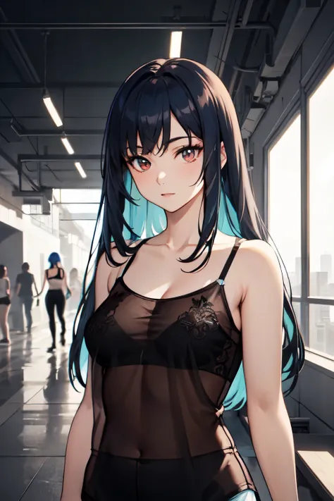 Optimal，masterpiece，High resolution，Highest quality，Hyper HD，Very detailed，Award-winning，16K，alone，（Upper Body），Correct Anatomy，Beautiful Cyberpunk Girl，Cowboy Shot、Cute Face，，Blue Hair、Long Hair、, Hairline，（（Scarlet Eyes）），Long eyelashes，Drooping eye corn...