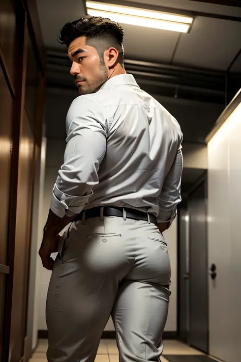 40-year-old boy japanese muscular male in white police uniform., wearing light grey slack formal pants...........gooning seducti...