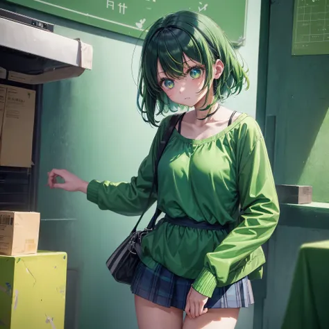 A clumsy, scatterbrained green-haired girl wearing green clothes。Cute and shy。