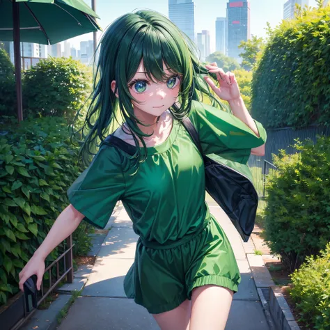 A clumsy, scatterbrained green-haired girl wearing green clothes。Cute and shy。