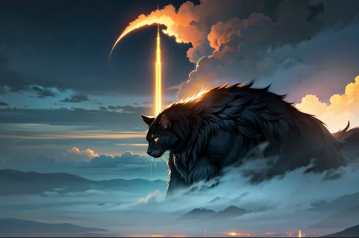 A gigantic cat appears on a skyscraper at night、aerial photograph、Detailed digital art、Very detailed、8k、Hyperrealistic、Photorealistic、masterpiece、Dramatic lighting、Moody、Cinematic、Epic Scale、A looming presence、striking silhouette、dramatic cloud、Atmospheric...