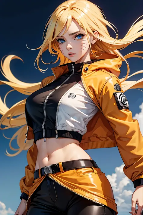 (masterpiece, best quality:1.2), expressive eyes, perfect face, highres, 1girl, solo, (female:1.5), NarukoUzumaki, blue eyes, blonde hair, long hair, facial mark, whisker markings, short hair, long sleeves, jacket, opened jacket, (naruto outfit), midriff, ...