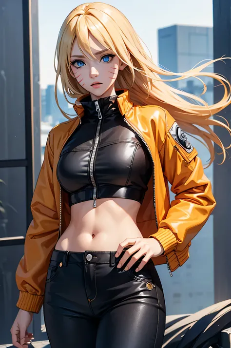 (masterpiece, best quality:1.2), expressive eyes, perfect face, highres, 1girl, solo, (female:1.5), NarukoUzumaki, blue eyes, blonde hair, long hair, facial mark, whisker markings, short hair, long sleeves, jacket, opened jacket, (naruto outfit), midriff, ...