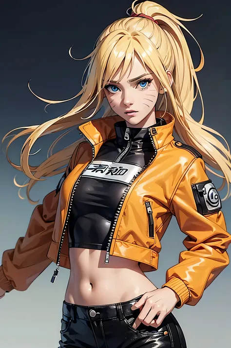(masterpiece, best quality:1.2), expressive eyes, perfect face, highres, 1girl, solo, (female:1.5), NarukoUzumaki, blue eyes, blonde hair, long hair, facial mark, whisker markings, short hair, long sleeves, jacket, opened jacket, (naruto outfit), midriff, ...