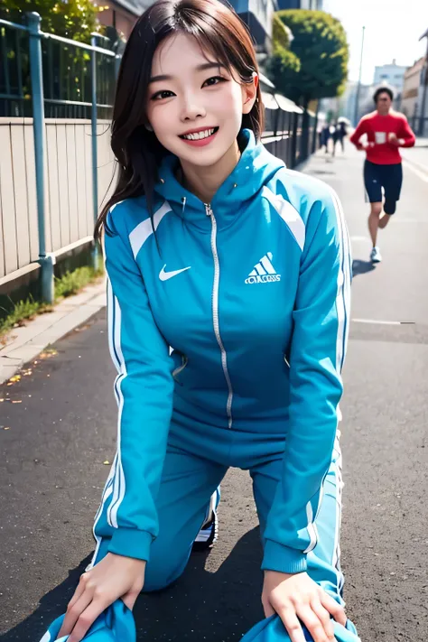 happy,burst smile,beautiful woman jogging in blue tracksuit and sweatpants. a calico cat jumps and clings to the loose leg of hi...