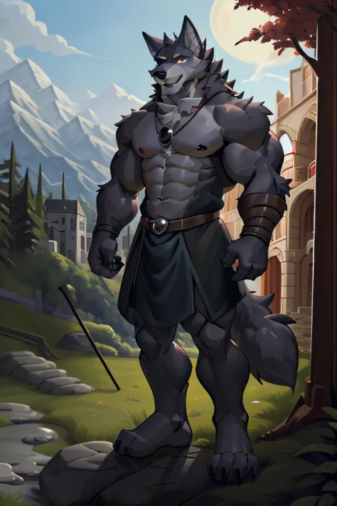 prompt: "furry, anthro (wolf), masculine, middle-aged, muscular, knight costume, long red cherry cloak, detailed background, out...