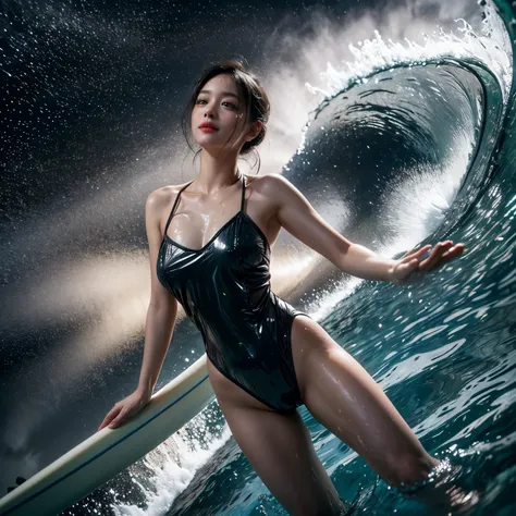 (ZoomedOut:1.28, Wide-shot) ZoomLayer (Epic photo of surfer magazine:1.37). (Full of Water, Everything Wetted:1.4) WetHair (extremely detailed Cute Girl in RED)(SparklingHighlights:1.28), Dynamic Joyful Expressions LifeLike Rendering (ManoErina:1.0) . Over...