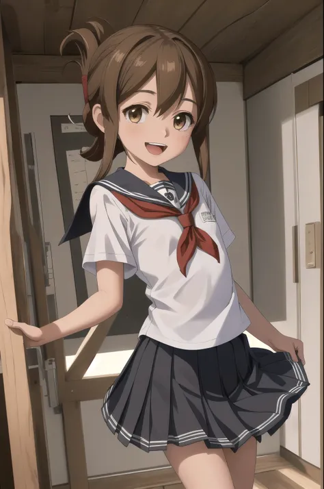 Highest quality, masterpiece, High resolution, alone, {inazuma_Fleet Collection}, brown_hair, Folded_ponytail, brown_eye, length_hair, Open_mouth, smile, School_uniform,skirt,Pleats_skirt,((Flat Chest, Small breasts, flat chest)), 