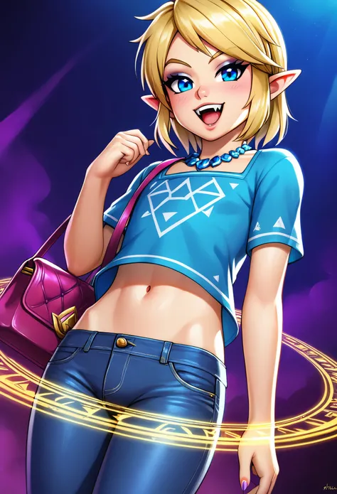 divine light,linkxl,walking,(young),thin,blonde hair,pointy ears,blue eyes,black lips,eye shadow,blush,makeup,confident,evil,(mean:0.7),laugh,sharp fangs,flat chest, chest binder,luxurious necklaces,school outfit,navel,jeans,triforce,surrounded by magic, p...