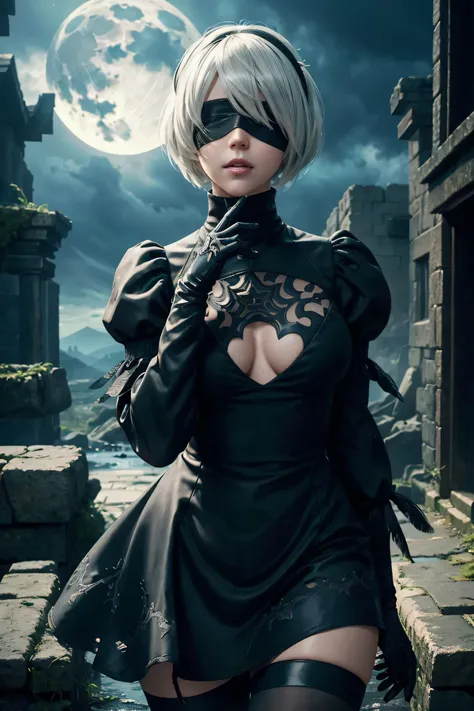 2B Nier Automata,Bobcut, Gray Hair,Long sleeve, Juliet Sleeve, White gloves, turtleneck, bangs, Feather ornament, Feather ornament sleeves, Blindfold, Black Goth Dress,Japanese Ultra HD,super high quality,masterpiece,Digital SLR,Photorealistic,Detailed det...