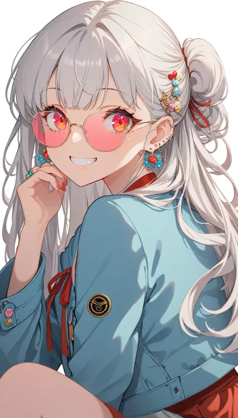 One girl, alone, Long Hair, View your viewers, smile, bangs, ((Blue Jacket)), Red pastel skirt、Red eyes,White hair in the eye、Beautiful eyes that shine、White boater hat with red ribbon、White Jewelry, Sitting, Jacket, Upper Body, Silver Hair、 earrings, Glas...