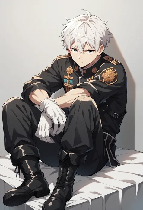 Young masculine guy with white hair and short eyes wearing a black military suit with a white shirt inside and a black tie, on his hands there are white gloves, For his feet he wears black military boots., he has a choke on his hair, Kuudere