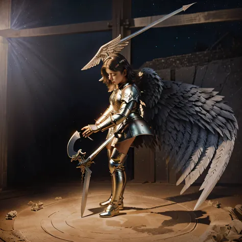 Angel with wings and sword in hand in a dark starry sky.