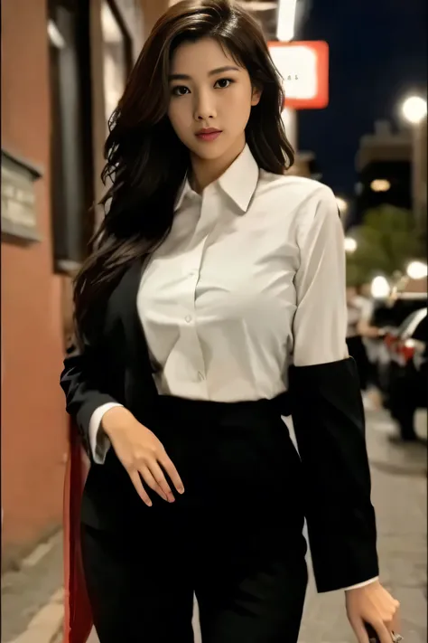 ((best quality)), ((masterpiece)), (detailed), milf, red wolf hair cut, hips up, กระโปรงสั้น, black suit, white shirt, หน้าอกใหญ...