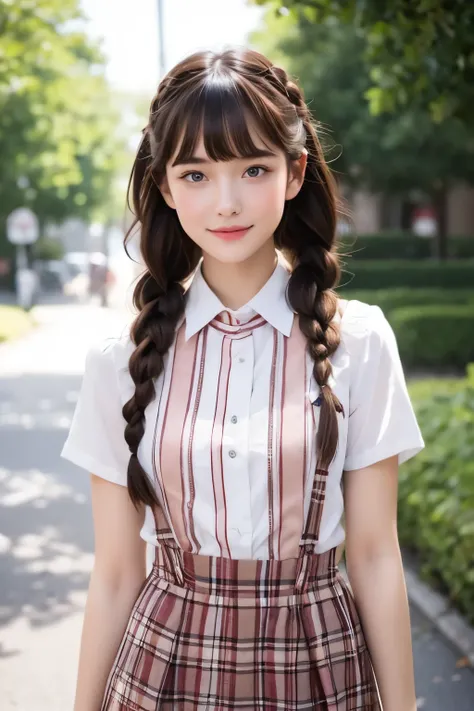 A breathtakingly beautiful and very young girl, exuding an air of innocence and charm. She is dressed in a collared shirt, adorned with checkered stripes, and a short skirt, part of a stunning ensemble. Her bangs gracefully frame her face, while twin braid...