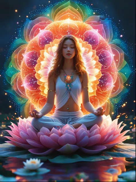 Colorful light,周围有七个脉轮of瑜伽姿势光谱,鲜艳of色彩,色彩of爆炸,身着白衣of美丽女人坐在睡莲上,周围复杂of东西,The background is intricate,of,神圣of,梦幻般of,宇宙of,令人兴奋of,God,Pineal gland,Like a dream,(极其详细of CG unity 16k 壁纸:1.1),(Denoising Strength:1.45),(masterpiece:1.37),Surrealism,God之光,Ray Tracing...