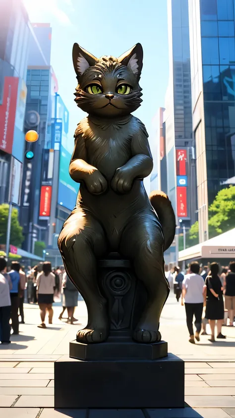 Highest quality, Highest quality, 16K, Unbelievably absurd, Very detailed, delicate and dynamic, Natural light, A huge bronze beckoning cat statue, 30m tall beckoning cat, Tokyo Japan, In front of Shibuya Station