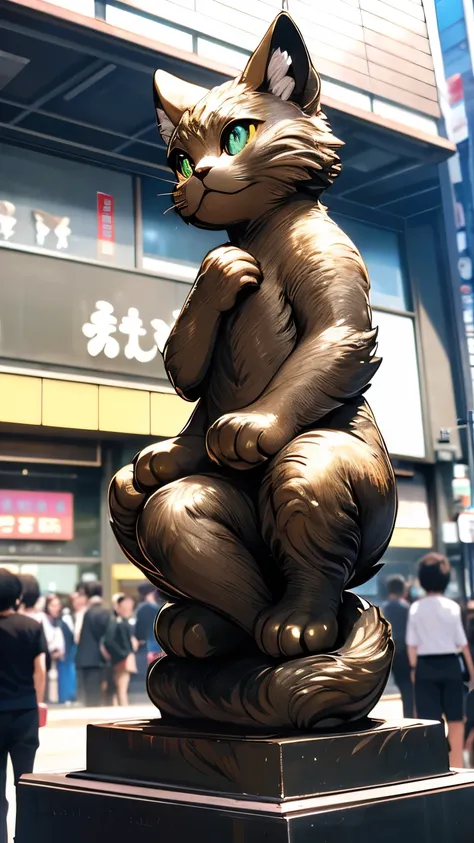 Highest quality, Highest quality, 16K, Unbelievably absurd, Very detailed, delicate and dynamic, Natural light, A huge bronze beckoning cat statue, Sitting, 30m tall beckoning cat, Tokyo Japan, In front of Shibuya Station