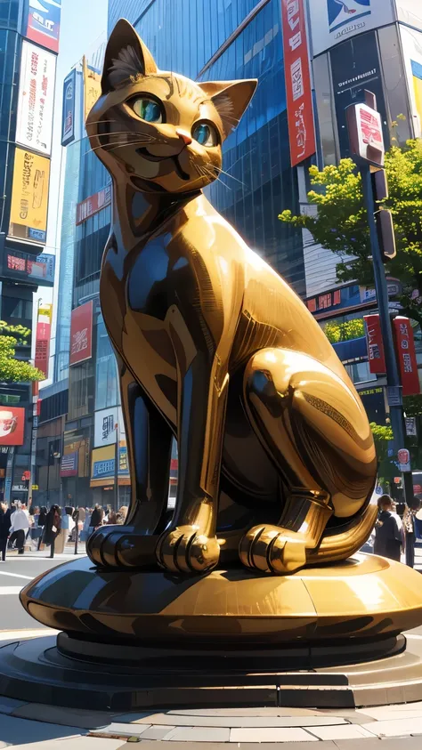 Highest quality, Highest quality, 16K, Unbelievably absurd, Very detailed, delicate and dynamic, Natural light, A huge bronze beckoning cat statue, Sitting, 30m tall beckoning cat, Tokyo Japan, In front of Shibuya Station