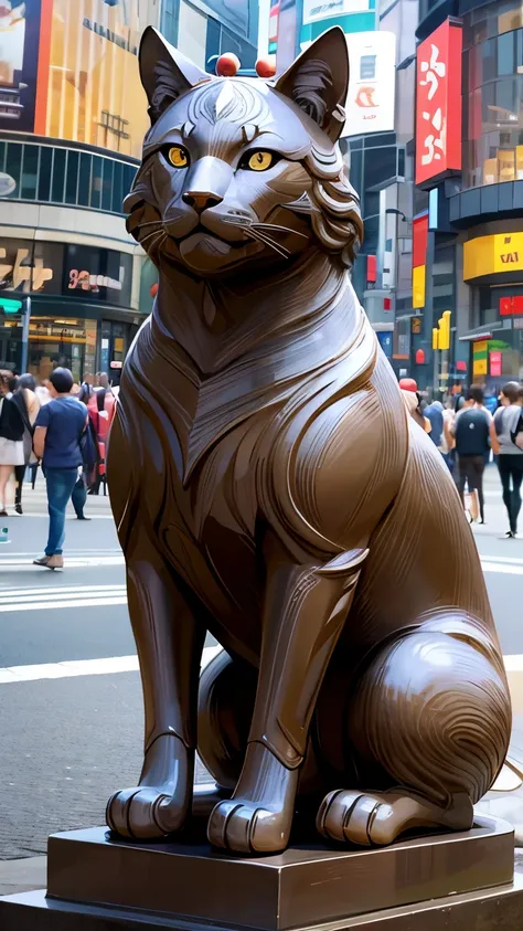 Highest quality, Highest quality, 16K, Unbelievably absurd, Very detailed, delicate and dynamic, Natural light, A huge bronze beckoning cat statue, Sitting, 30m tall beckoning cat, Tokyo Japan, In front of Shibuya Station, Statue of Hachiko, the faithful d...