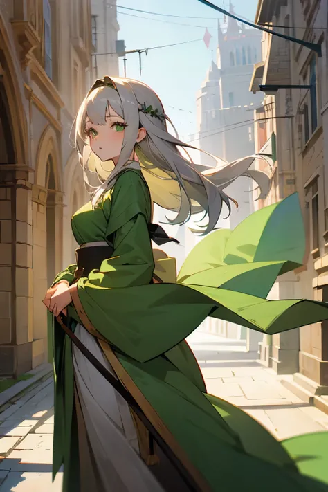 Beautiful anime girl with grey hair and green eyes in medieval dress, at city