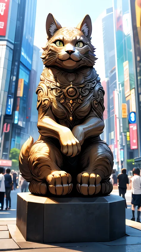 Highest quality, Highest quality, 16K, Unbelievably absurd, Very detailed, delicate and dynamic, Natural light, A huge bronze beckoning cat statue, Sitting, 30m tall beckoning cat, Tokyo Japan, In front of Shibuya Station, Statue of Hachiko, the faithful d...