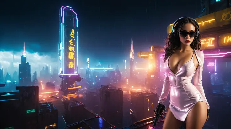 (aerial view, a flying cars docking platform, a very dark abandoned futuristic city, neon lights), rainy night. 1girl, solo, alone, large-breast:1.2 slim body, cleavage:1.1, sexy wind blowing wet dress:1.4, (headphone, black sunglasses), (((((she raised:1....