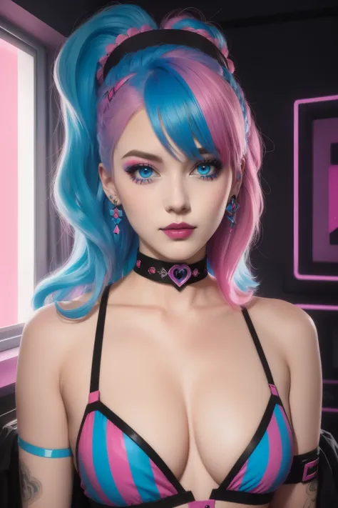 egirl as harlequin, pinkand blue hair wearing a choker bedroom in the background, synthwave color palette, trending on ArtStation, trending on CGSociety, Intricate, High Detail, Sharp focus, dramatic, trending on tiktok, portrait, close up