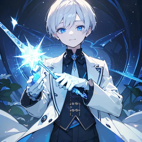 (masterpiece, highest quality:1.2), ((very detailed, 8k, ))smile, (slim), one boy, white very short hair, dark blue eyes, puppet...