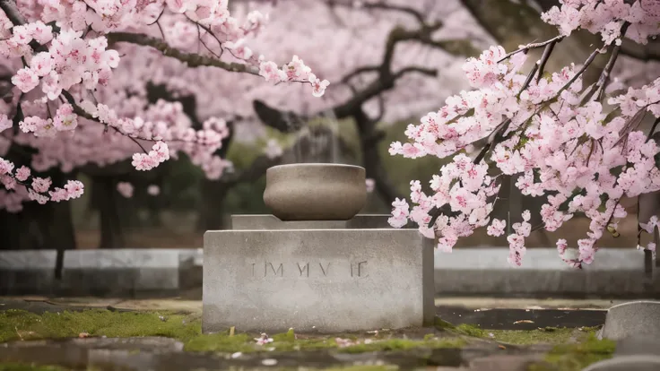 "Hands performing ritual cleansing of a gravestone with water from a bamboo ladle. Cherry blossoms in the background. Close-up shot, attention to detail, serene atmosphere."