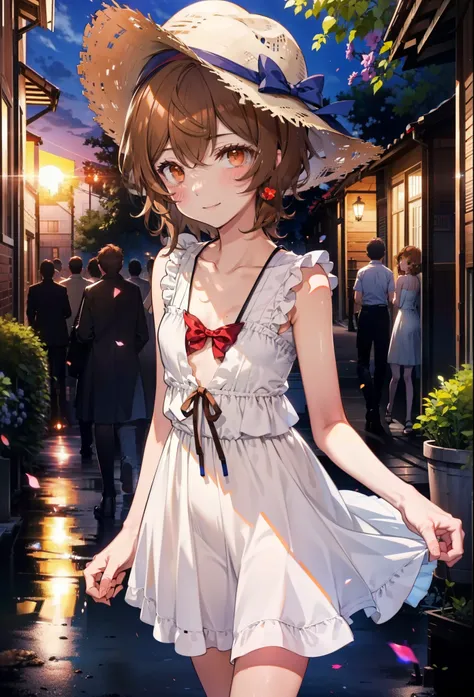 Lililukarde, Liliruka gets burned, , (Brown eyes:1.7), Brown Hair, (Flat Chest:1.2), smile,blush,Straw hat short hair,White sleeveless dress,Long skirt,Heeled Sandals,Walking,sunset,evening,The sun is setting,whole bodyがイラストに入るように,
break looking at viewer,...