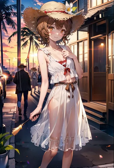 Lililukarde, Liliruka gets burned, , (Brown eyes:1.7), Brown Hair, (Flat Chest:1.2), smile,blush,Straw hat short hair,White sleeveless dress,Long skirt,Heeled Sandals,Walking,sunset,evening,The sun is setting,whole bodyがイラストに入るように,
break looking at viewer,...