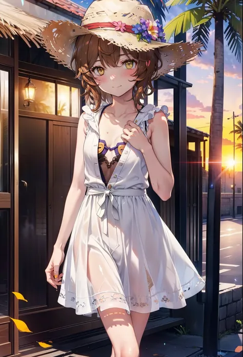 Lililukarde, Liliruka gets burned, , (Brown eyes:1.7), Brown Hair, (Flat Chest:1.2), smile,blush,Straw hat short hair,White sleeveless dress,Long skirt,Heeled Sandals,Walking,sunset,evening,The sun is setting,whole bodyがイラストに入るように,
break looking at viewer,...