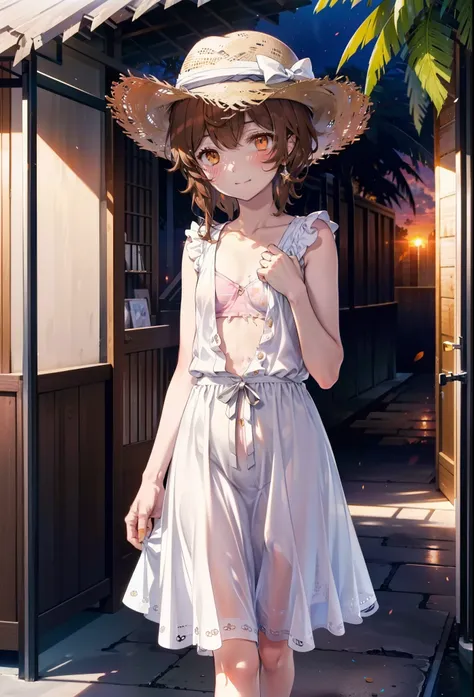 Lililukarde, Liliruka gets burned, , (Brown eyes:1.7), Brown Hair, (Flat Chest:1.2), smile,blush,Straw hat short hair,White sleeveless dress,Long skirt,Heeled Sandals,Walking,sunset,evening,The sun is setting,whole bodyがイラストに入るように,
break looking at viewer,...
