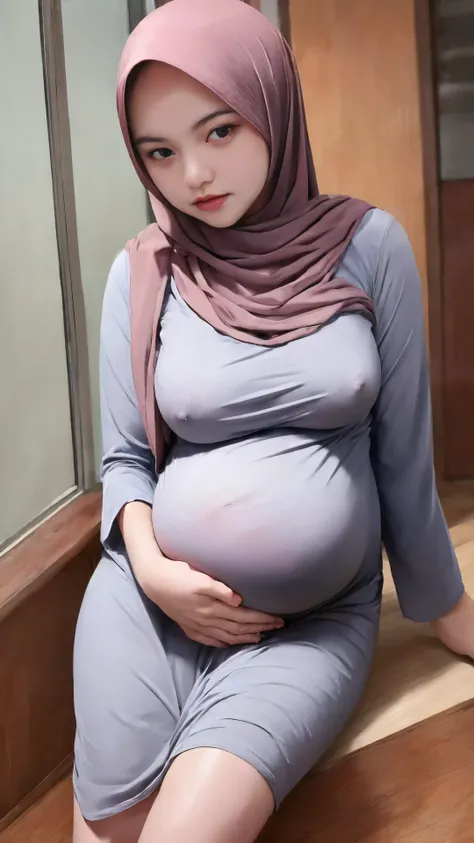 potrait of pregnant women, 23 years old, beautiful face, long hair, wearing hijab and knit dress, very horny, riding vibrator, playing nipple until wet in the floor, climax, wet vagina, absurdres, RAW photo, extremely delicate and beautiful, masterpiece, B...