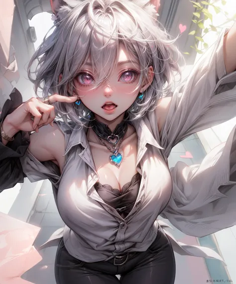 (Highest quality、High resolution、8k、masterpiece)。Look away、Open your mouth、Pink Eyes、Silver Hair、Heart shaped pupil、teeth、tongue、tongueを出す、（Original Character, (1 Girl)、Perfect Face、((short hair:1.2))、(Hair above one eye:1.3)、[[Disheveled Hair]]、Detailed e...