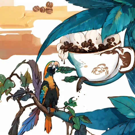Highest quality，View of African plains，Close-up of a macaw standing on a coffee tree branch，Full of coffee berries，There are long leaves in the background holding up the coffee cup，Gentle and warm colors，Coffee cup overflowing with coffee