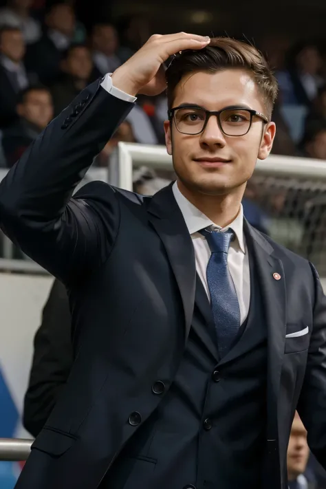 a young man in glasses in a suit without a tie, excited cheering on a grandstand during football match at Euro 2024 making selfies, aspect ratio: 1:1