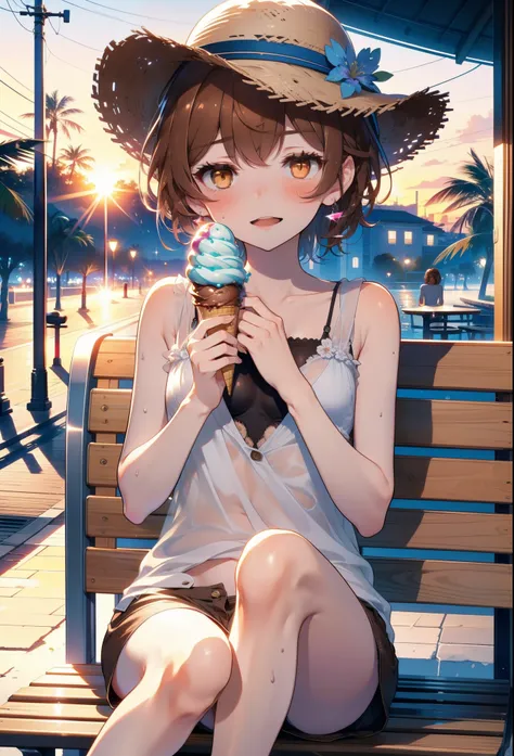 Lililukarde, Liliruka gets burned, , (Brown eyes:1.7), Brown Hair, (Flat Chest:1.2), smile,blush,Open your mouth,Straw hat,short hair,Brown tank top,Shorts,Holding ice cream in both hands,Heeled Sandals,Sitting on a bench,sunset,evening,The sun is setting,...